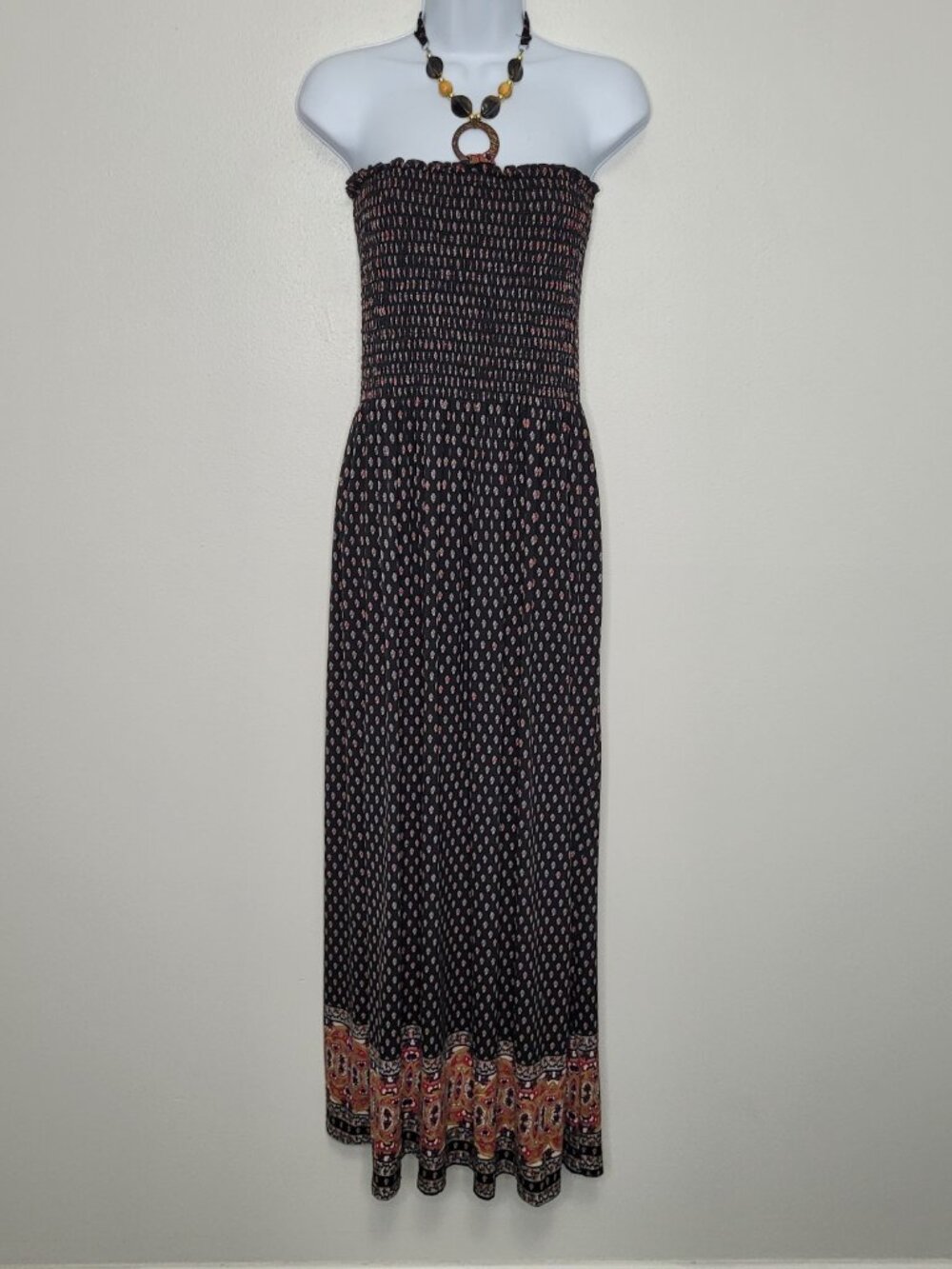 Peachy Girl boho flower print hippie beaded halter smocked maxi dress size xl